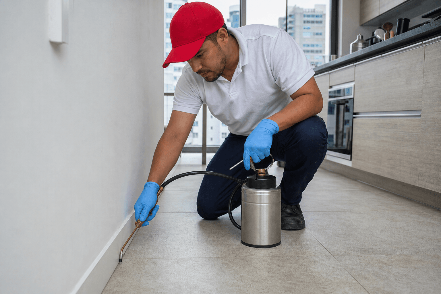 Técnico de FUMIMOSH realizando control de plagas en una residencia